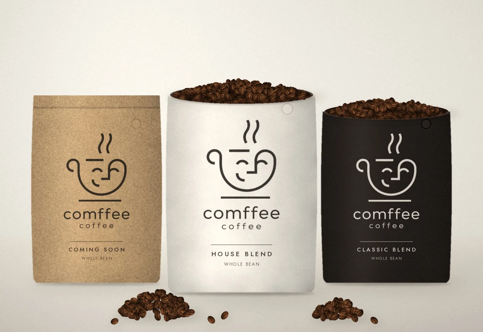 Comffee coffee bags, open and full of beans, with beans spilling in front