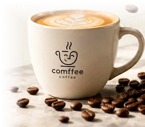 A latte in a Comffee cup on a marble counter